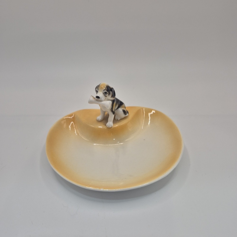 Vintage Bone China Dog Figurine Trinket Dish Ashtray Mid Century Puppy with Bone